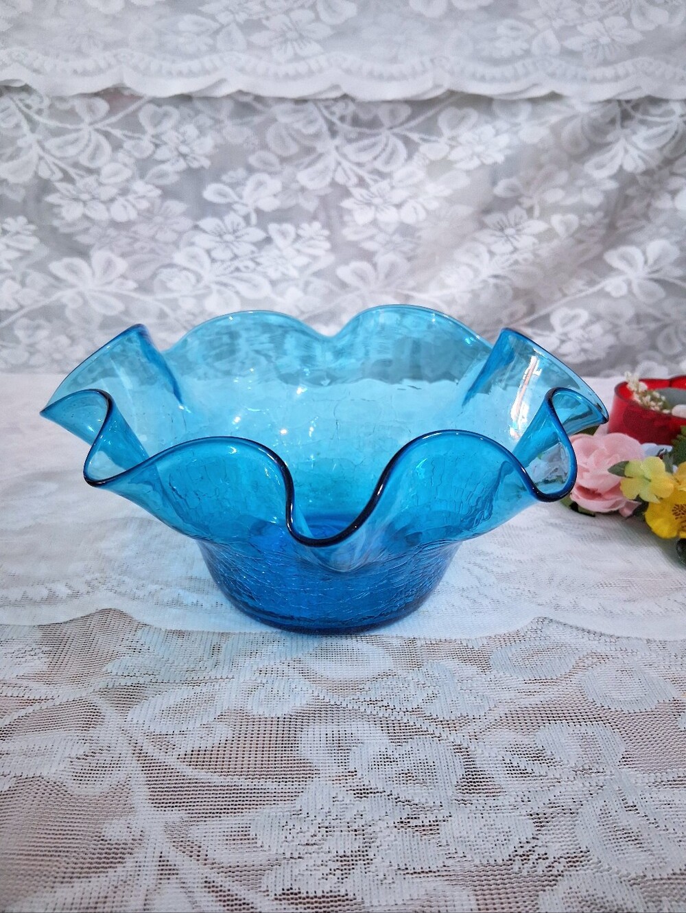 Vintage Blenko Aqua Blue Crackle Glass Bowl with Ruffle Rim MCM Mid-Century Mod